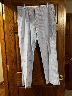 Kentucky Derby Vineyard Vines Blue & White seersucker Pants w/ horseshoes 38x32